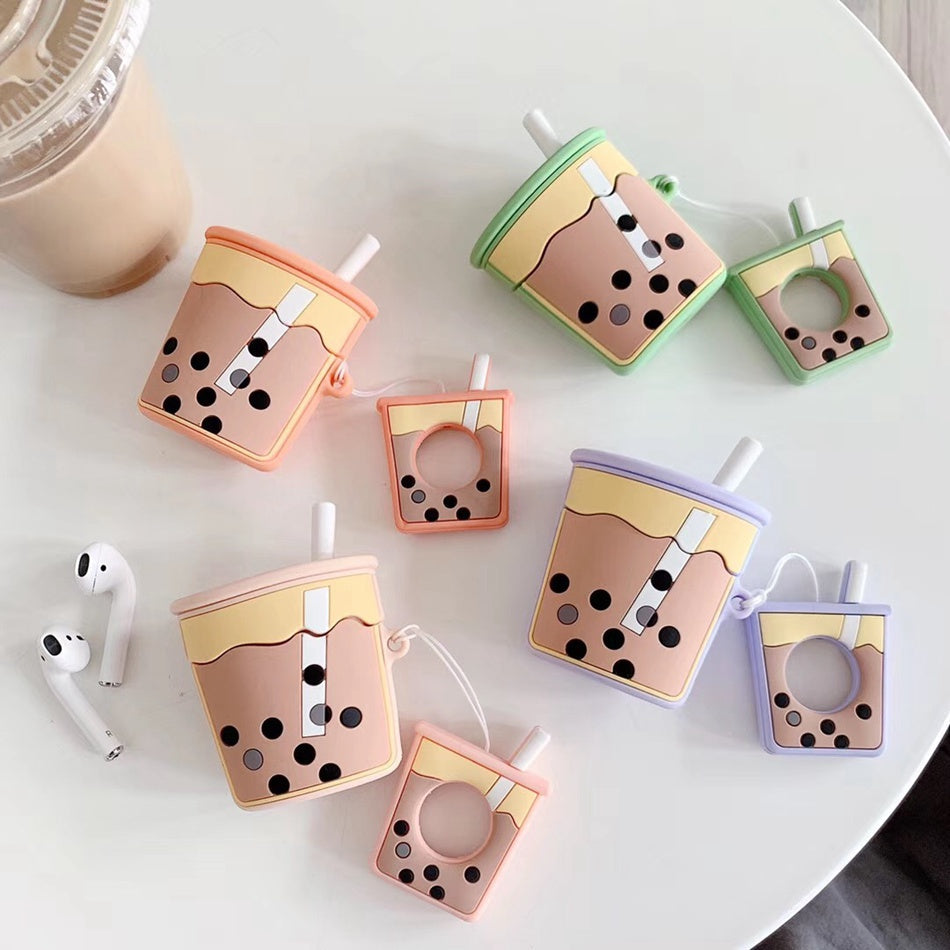 Cute Bubble Tea AirPods Case Silicone Cover with Strap