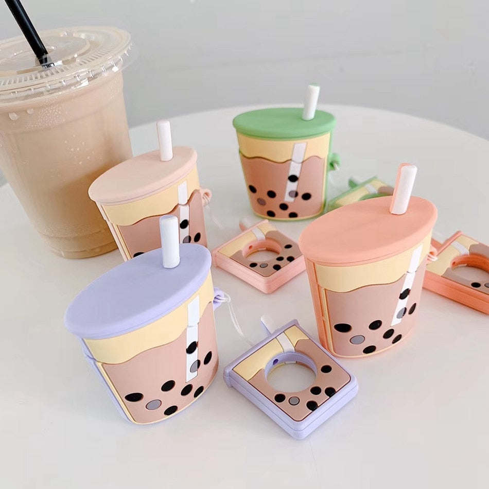 Cute Bubble Tea AirPods Case Silicone Cover with Strap