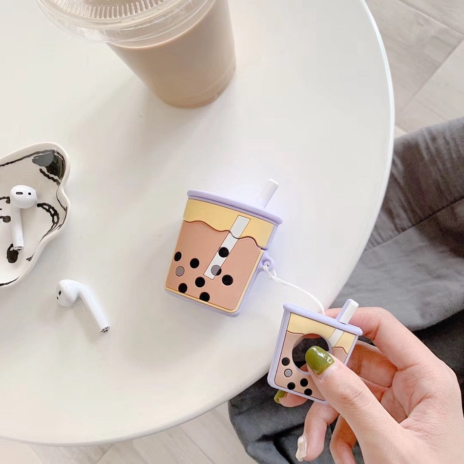 Cute Bubble Tea AirPods Case Silicone Cover with Strap