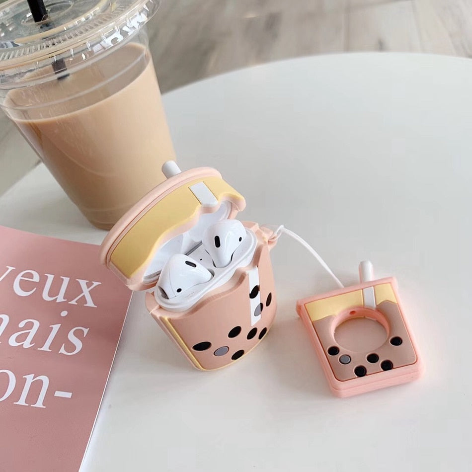 Cute Bubble Tea AirPods Case Silicone Cover with Strap
