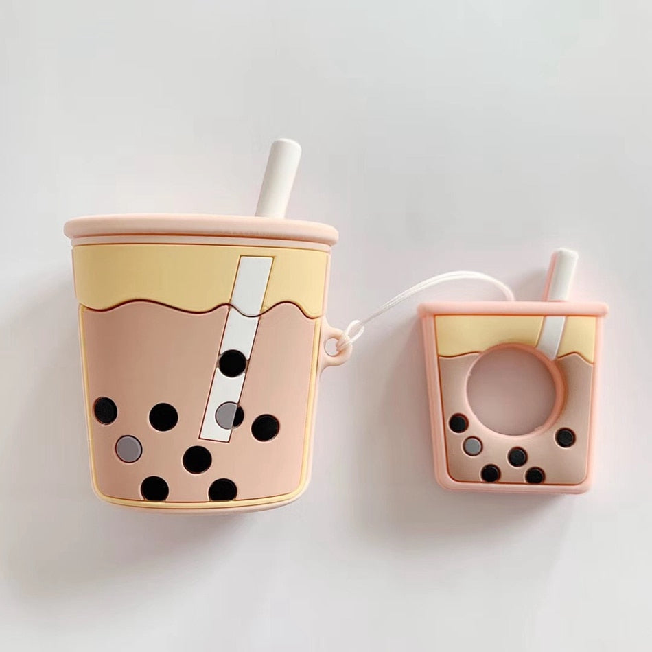 Cute Bubble Tea AirPods Case Silicone Cover with Strap