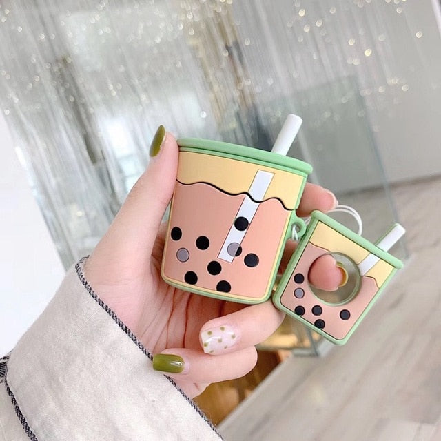 Cute Bubble Tea AirPods Case Silicone Cover with Strap