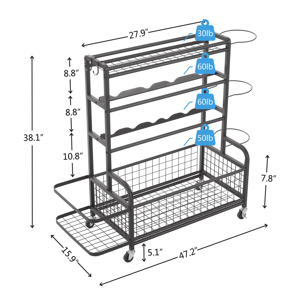 Four-Tier Metal Ball Storage Rack with Rolling Casters