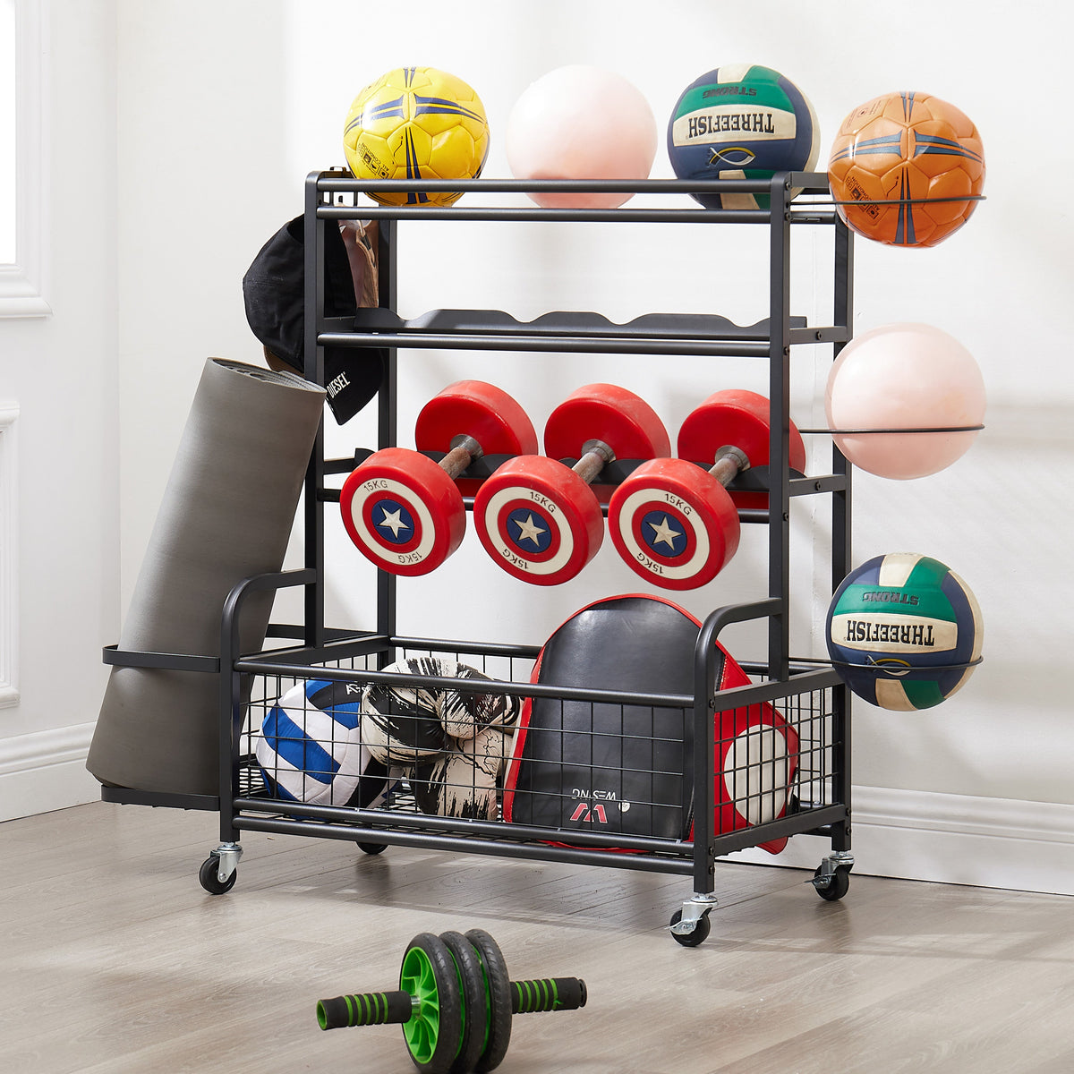 Four-Tier Metal Ball Storage Rack with Rolling Casters