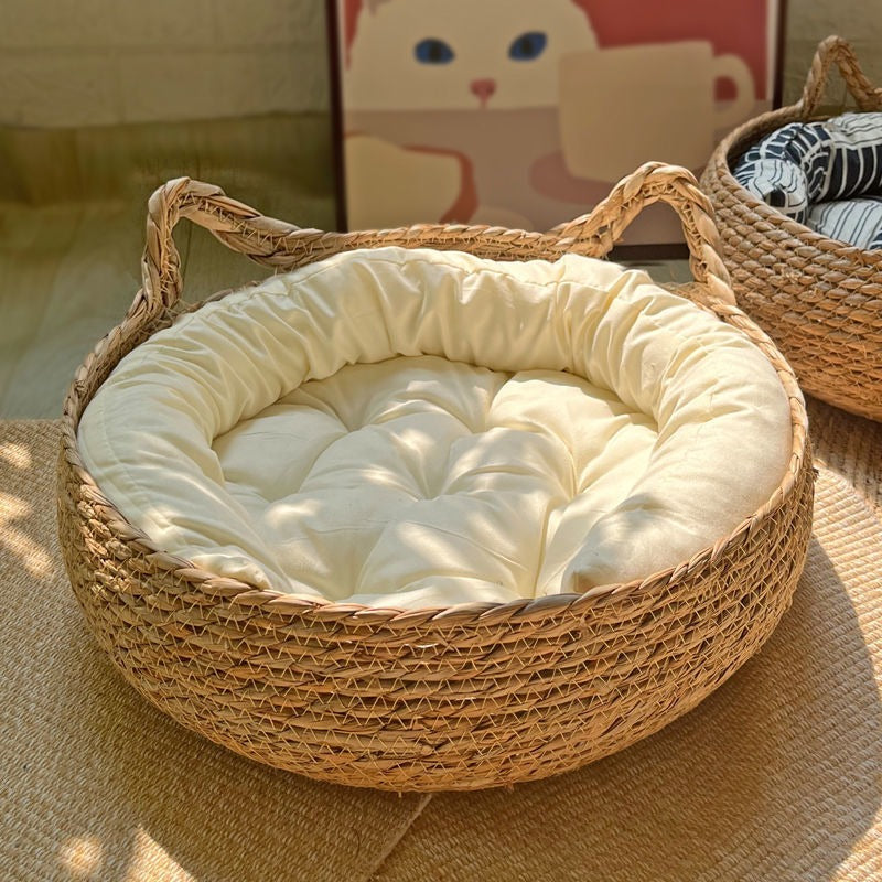 Rattan Cat Bed With Washable Cushion, All-Season