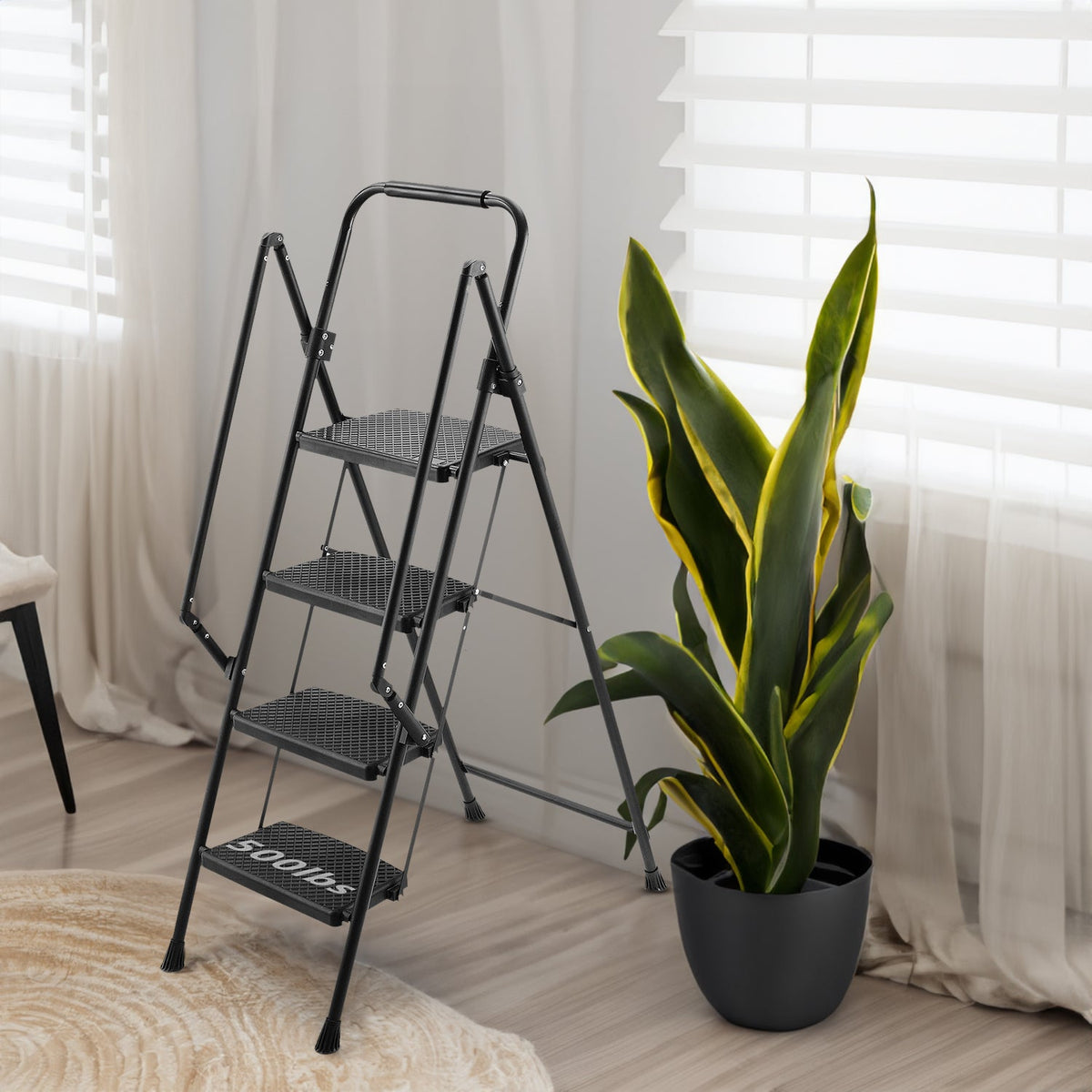 Folding Four Step Ladder with Wide Anti-Slip Steps