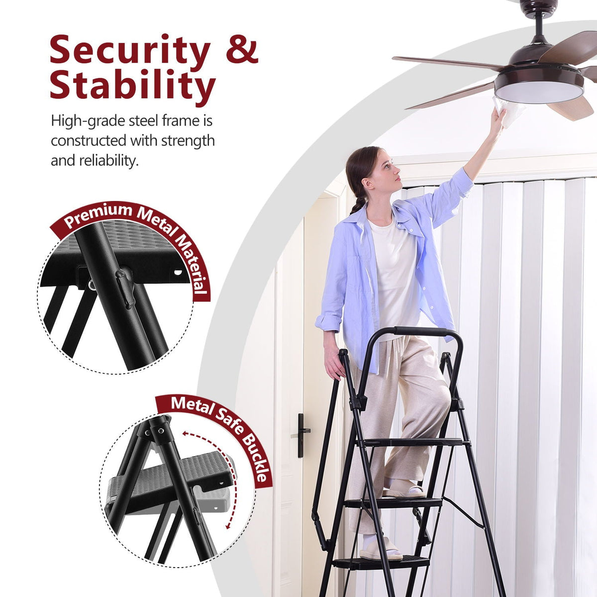 Folding Four Step Ladder with Wide Anti-Slip Steps