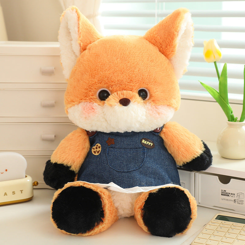 Fox Plush Toy With Denim Overalls for Cozy Room Décor