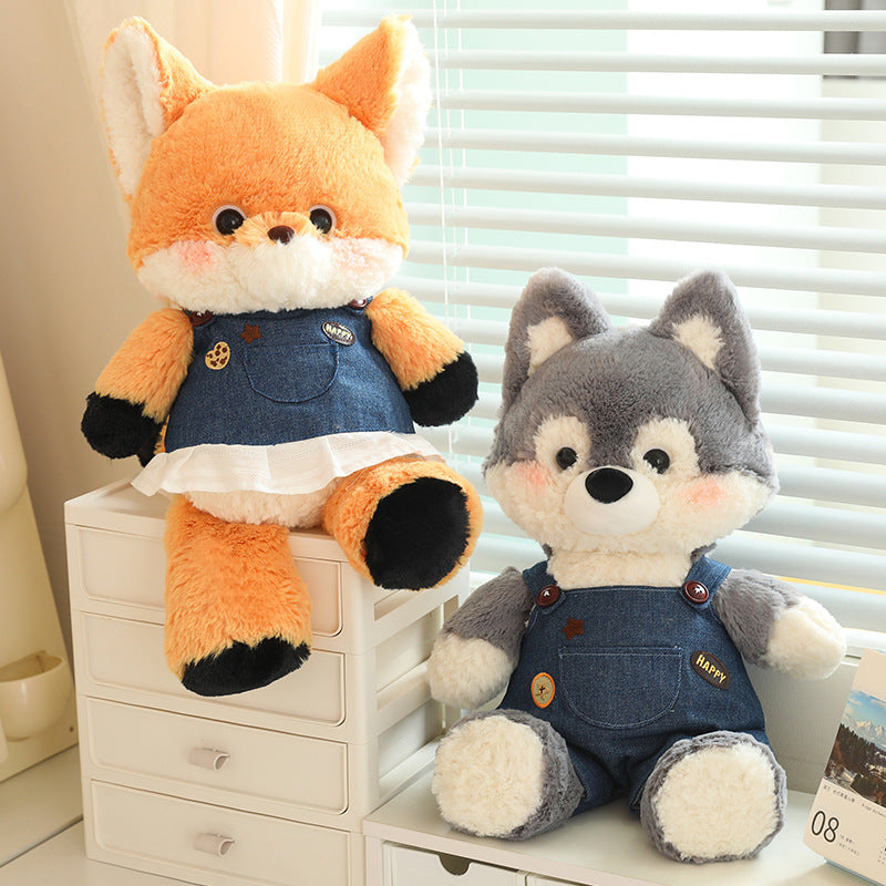Fox Plush Toy With Denim Overalls for Cozy Room Décor
