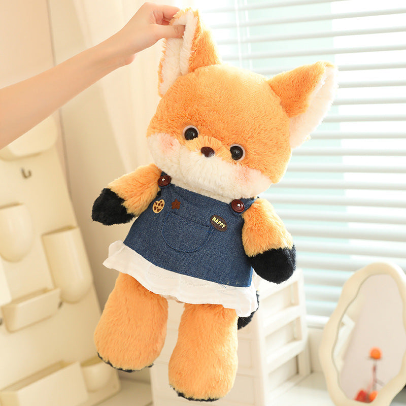 Fox Plush Toy With Denim Overalls for Cozy Room Décor