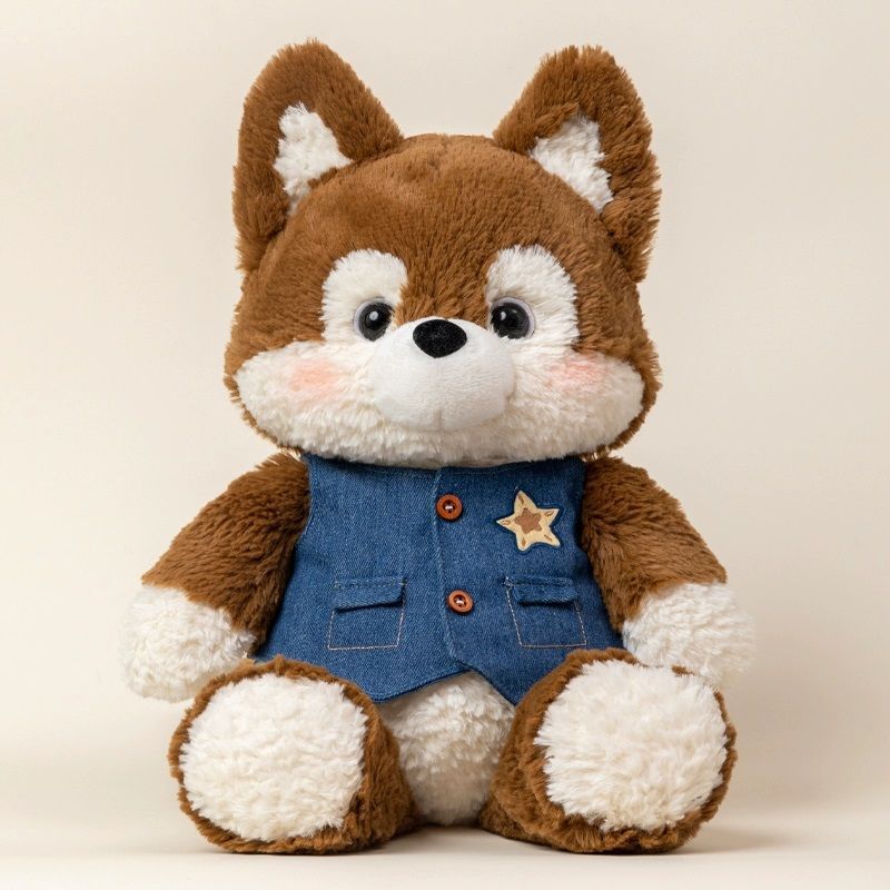 Fox Plush Toy With Denim Overalls for Cozy Room Décor