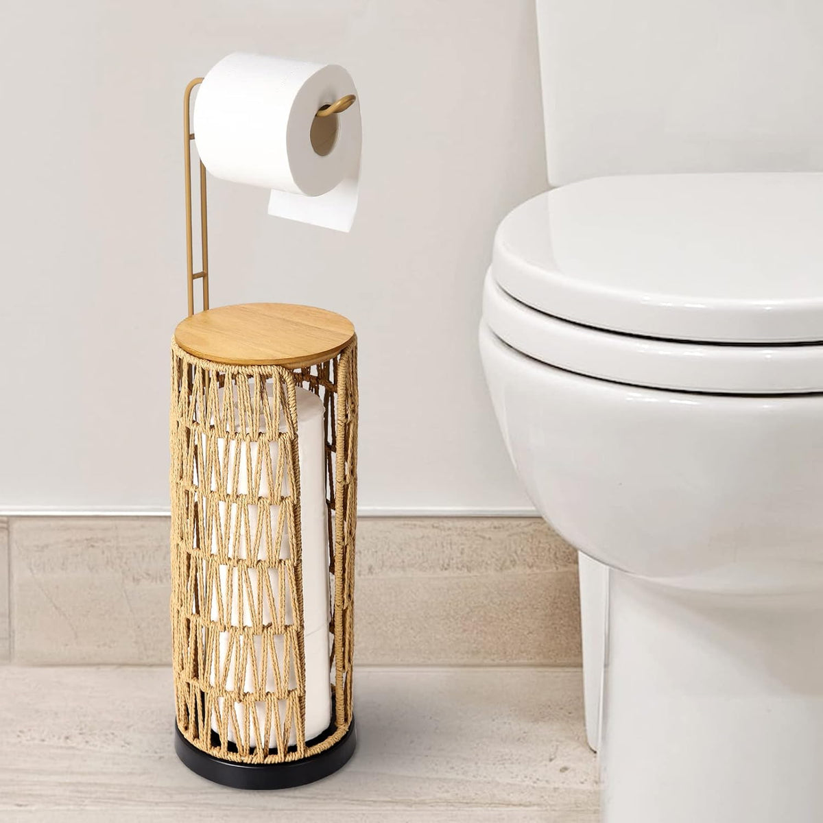 Freestanding Toilet Paper Holder with Storage, Boho Woven