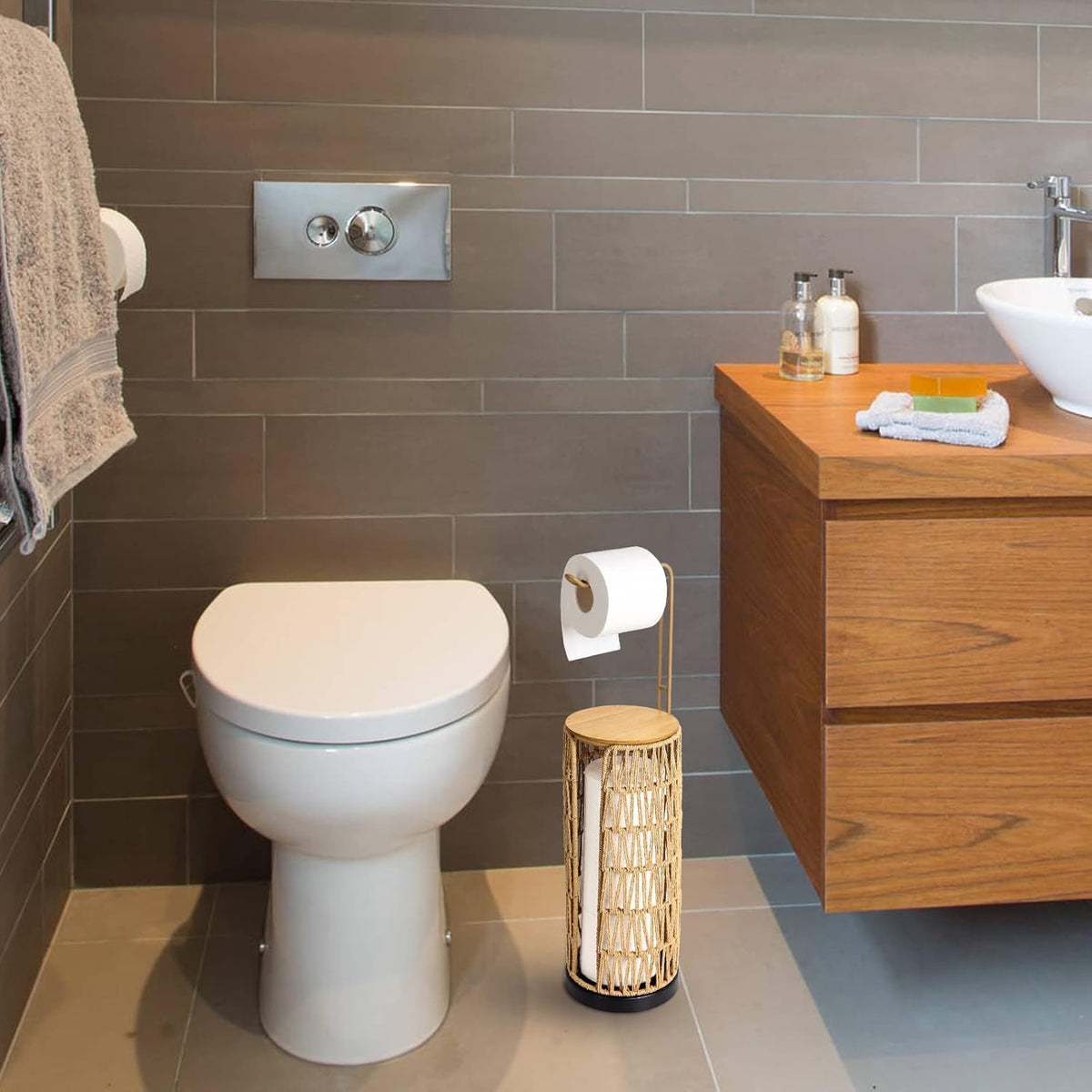 Freestanding Toilet Paper Holder with Storage, Boho Woven