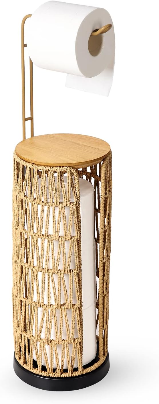 Freestanding Toilet Paper Holder with Storage, Boho Woven