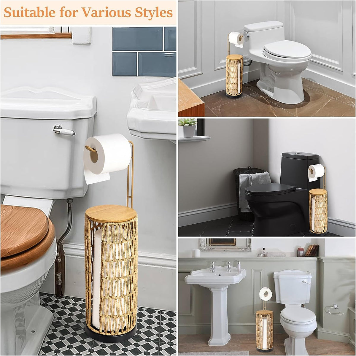 Freestanding Toilet Paper Holder with Storage, Boho Woven