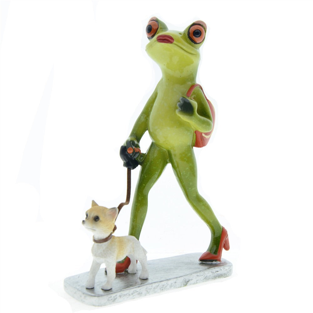 Frog Walking Dog Ornament – Whimsical Shelf Decor