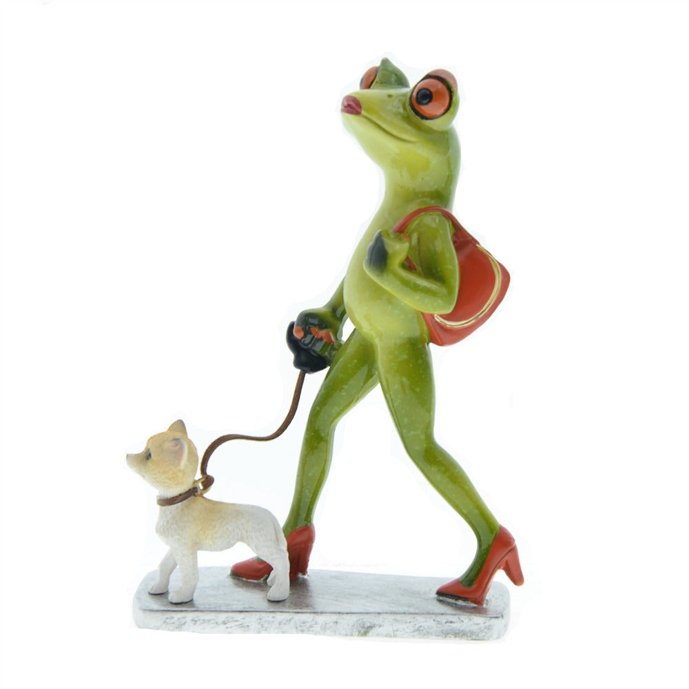 Frog Walking Dog Ornament – Whimsical Shelf Decor