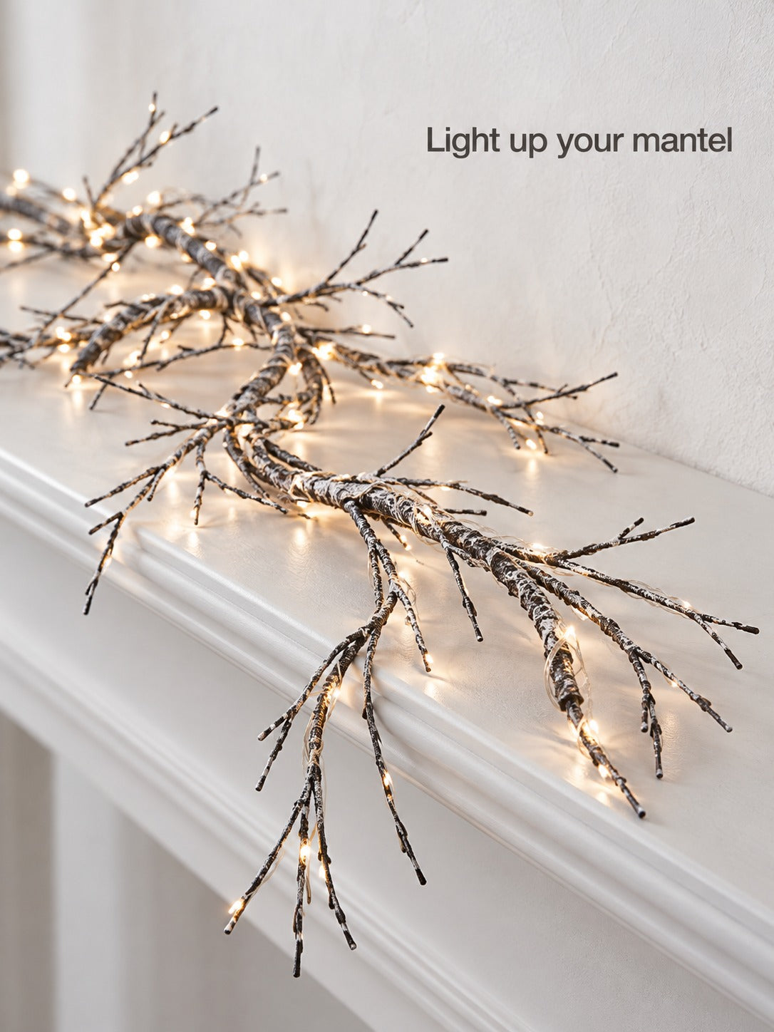 Frosted Branch Garland with Warm LED Lights for Mantels
