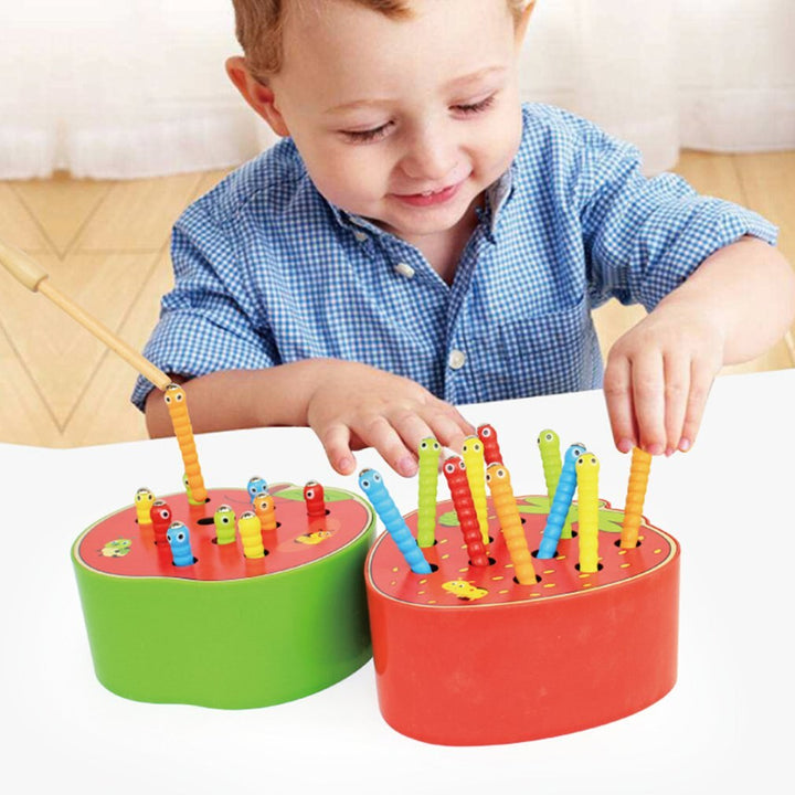 Magnetic Worm Catching Wooden Toy for Fine Motor Play