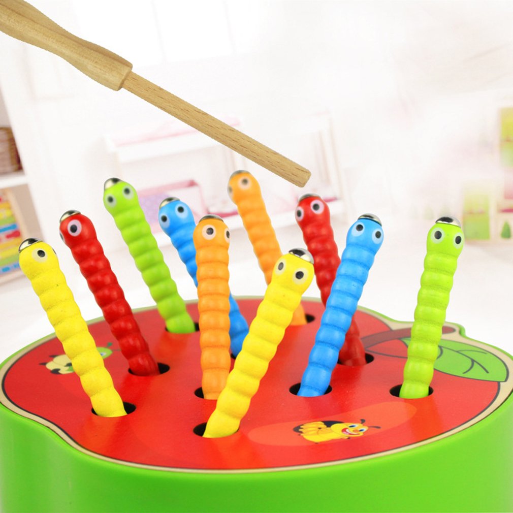 Magnetic Worm Catching Wooden Toy for Fine Motor Play