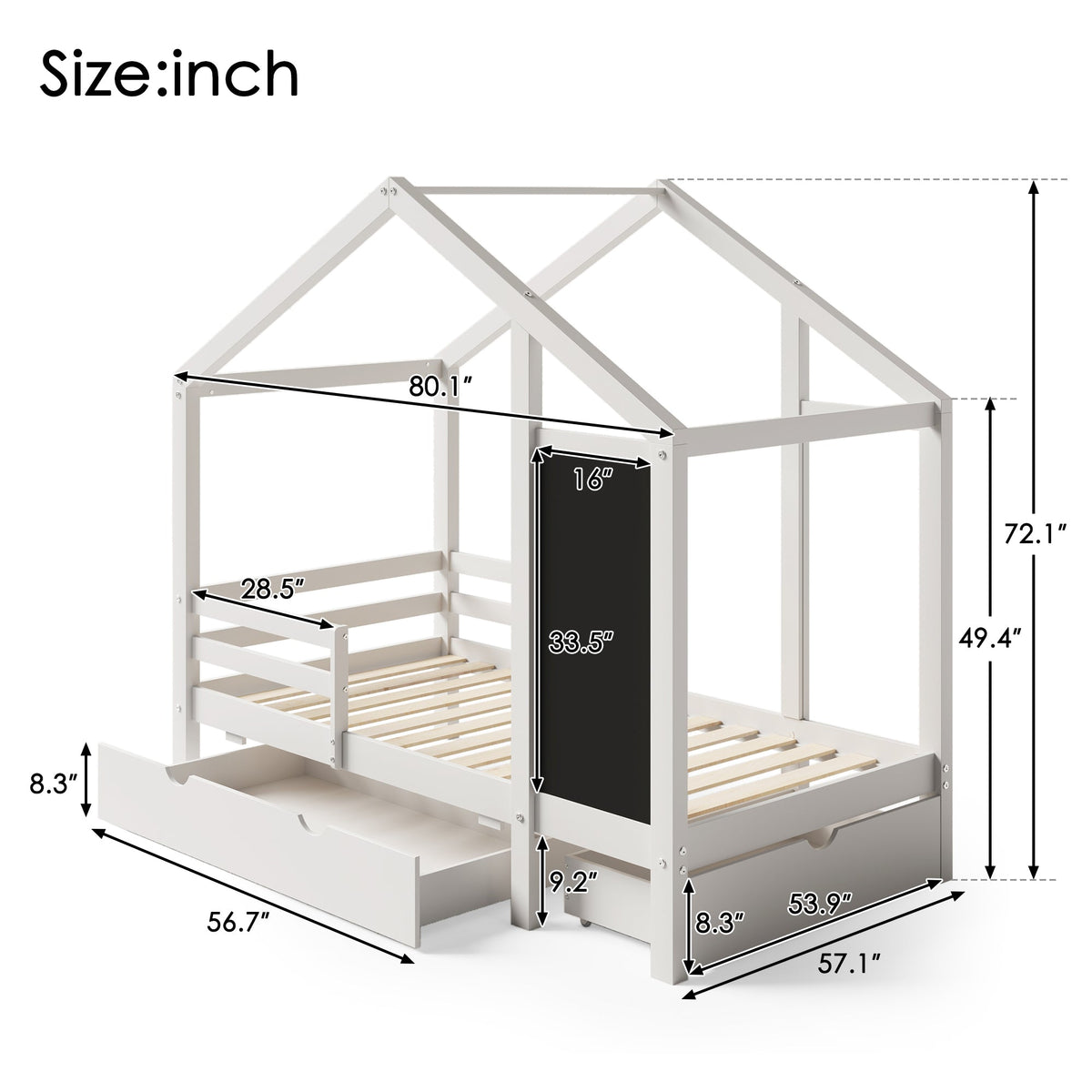 Kids House Bed with Chalkboard and Storage Drawers