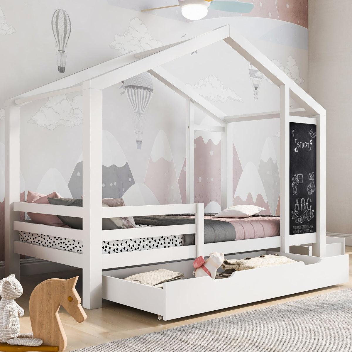 Kids House Bed with Chalkboard and Storage Drawers