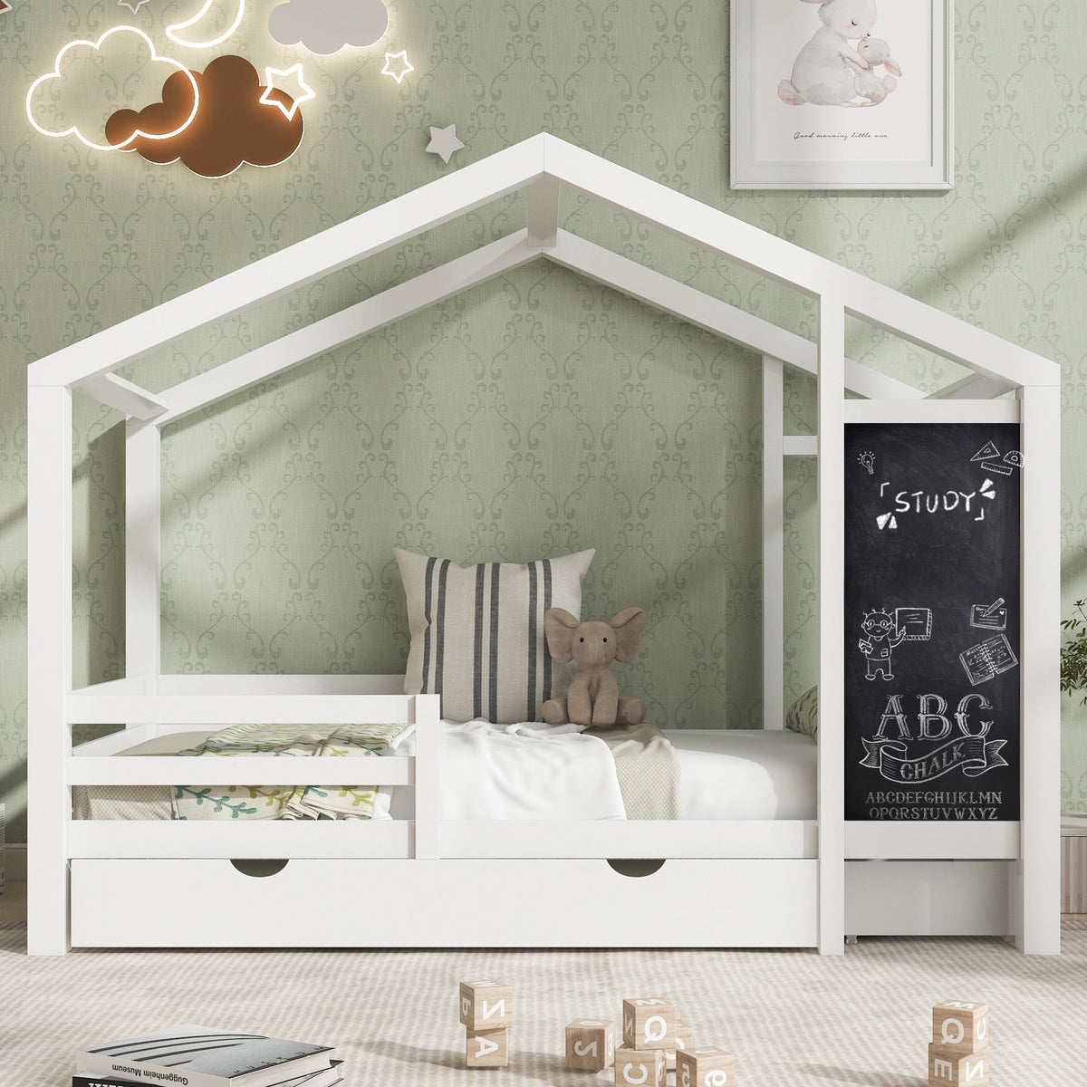 Kids House Bed with Chalkboard and Storage Drawers