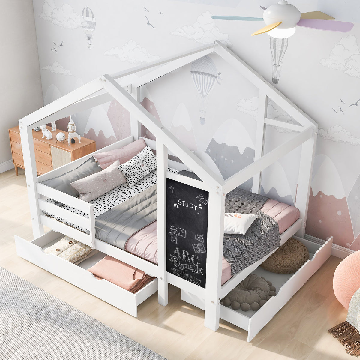 Kids House Bed with Chalkboard and Storage Drawers
