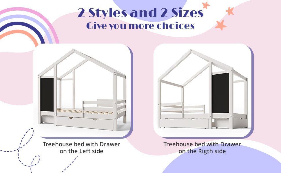 Kids House Bed with Chalkboard and Storage Drawers