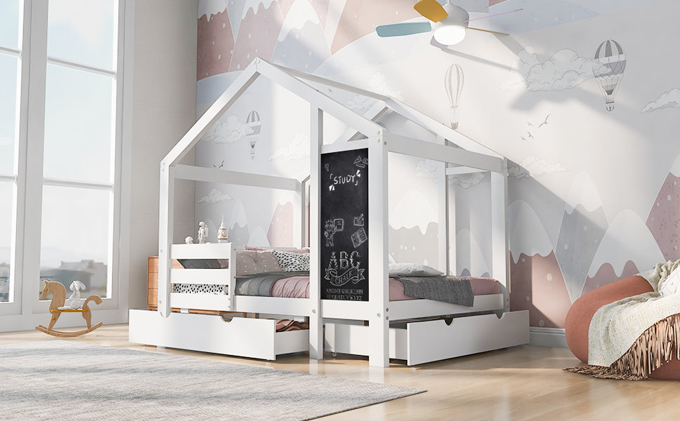 Kids House Bed with Chalkboard and Storage Drawers
