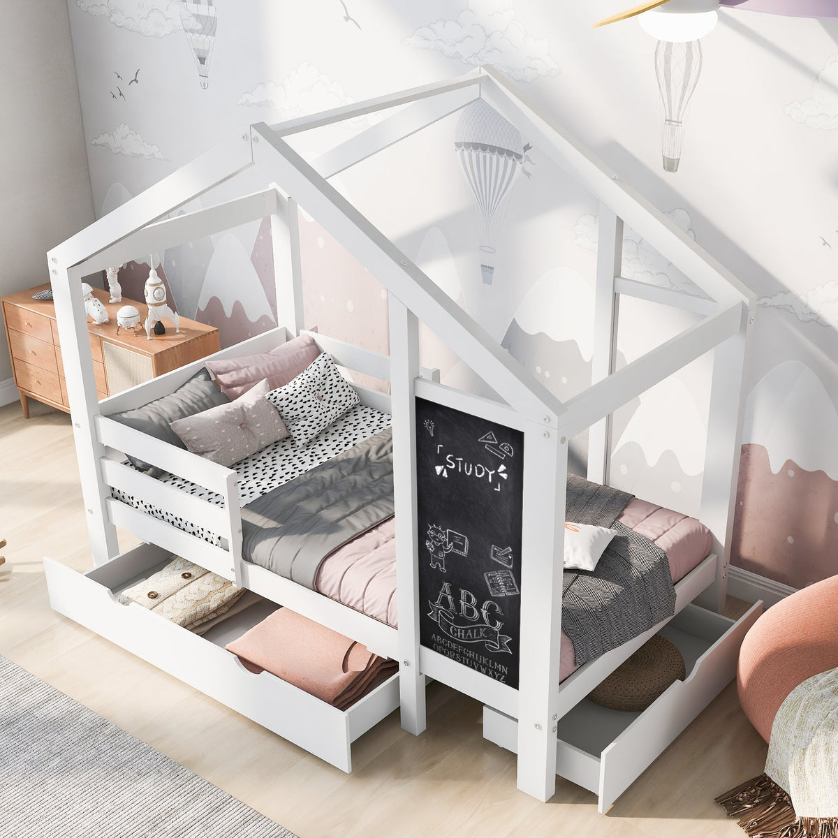 Kids House Bed with Chalkboard and Storage Drawers
