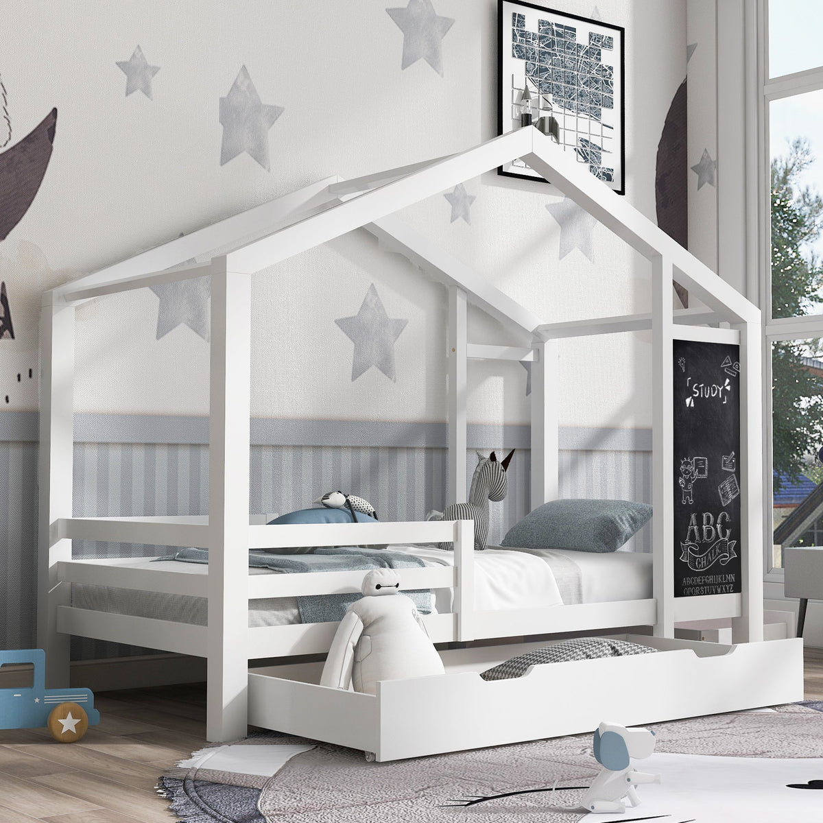 Kids House Bed with Chalkboard and Storage Drawers
