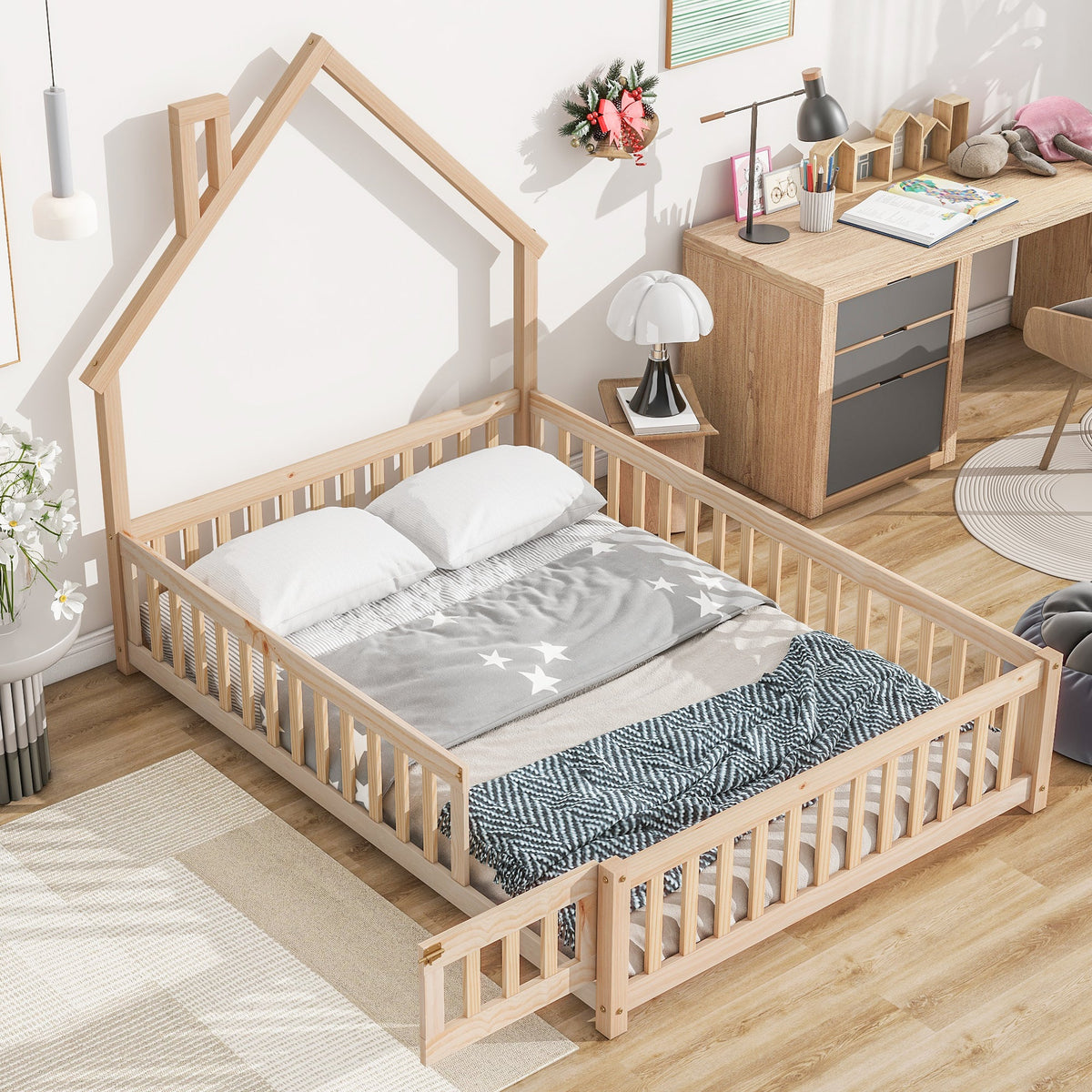 Full House Floor Bed for Toddlers, Solid Pine