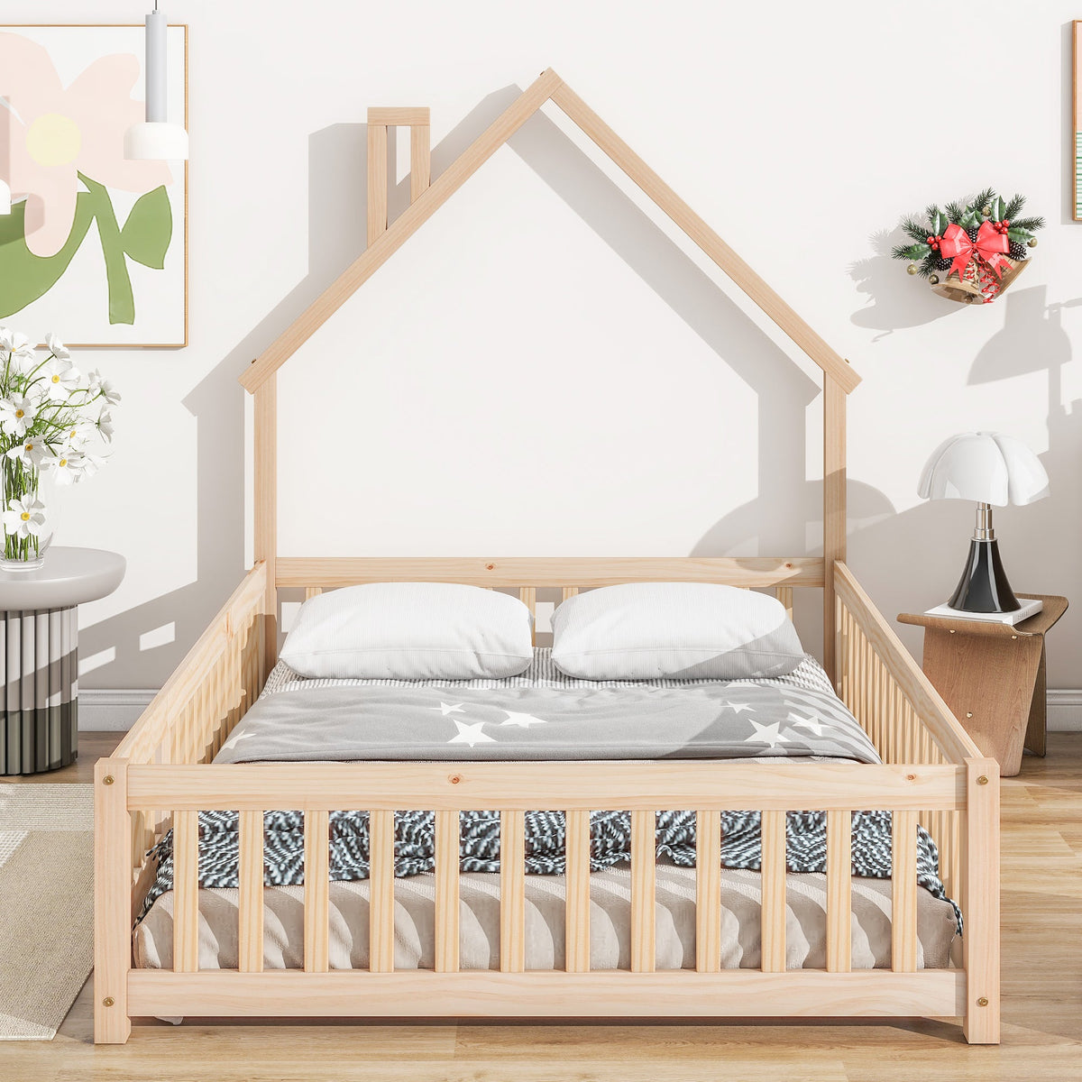 Full House Floor Bed for Toddlers, Solid Pine