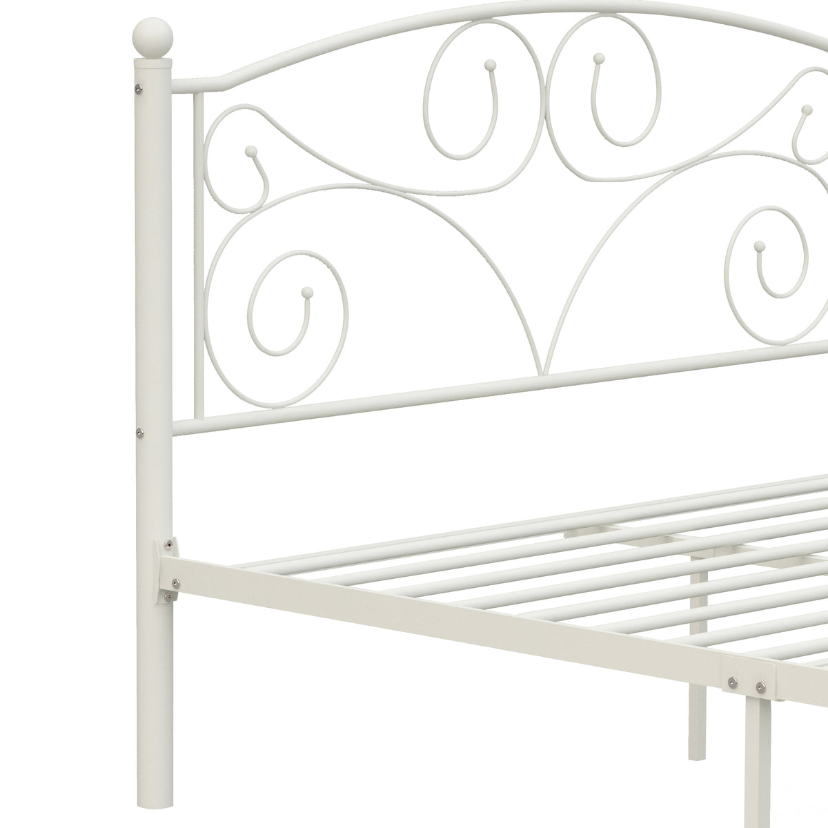 White Metal Bed Frame Full Size with Scrolled Headboard