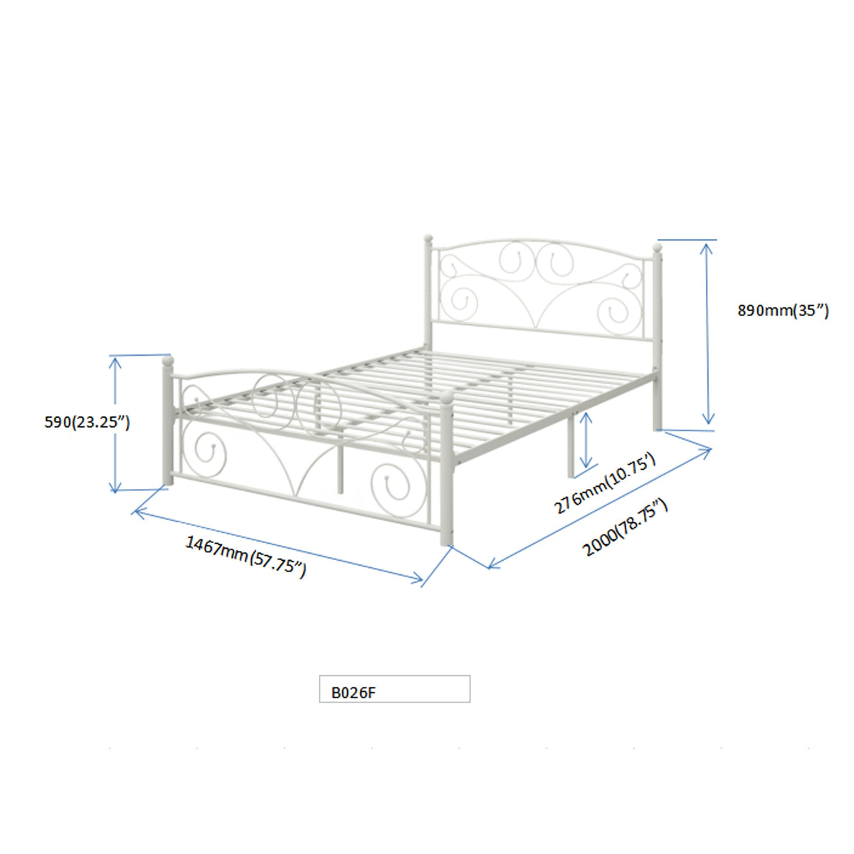 White Metal Bed Frame Full Size with Scrolled Headboard