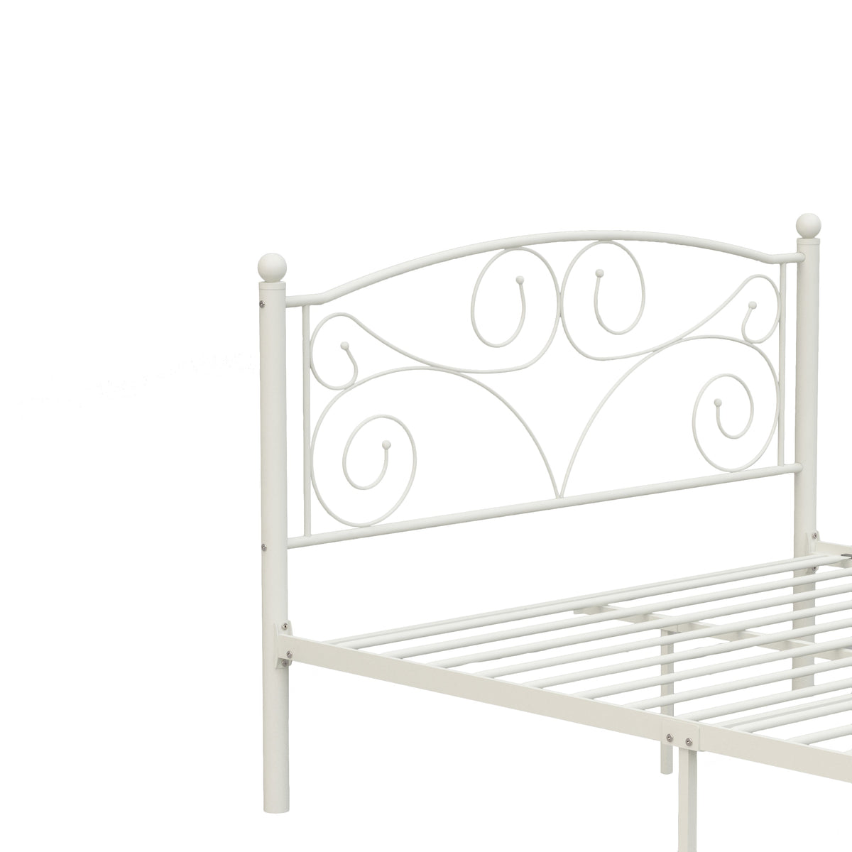 White Metal Bed Frame Full Size with Scrolled Headboard