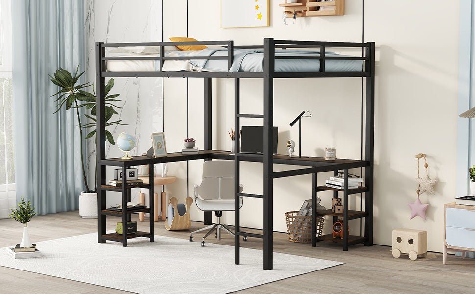 Black Full Size Metal Loft Bed with Desk and Shelf