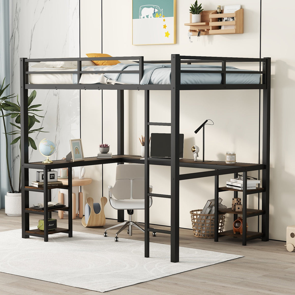 Black Full Size Metal Loft Bed with Desk and Shelf