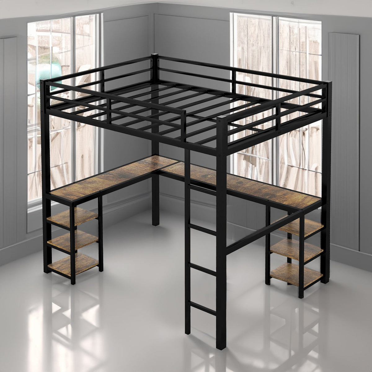 Metal Loft Bed with Desk and Shelves for Small Rooms