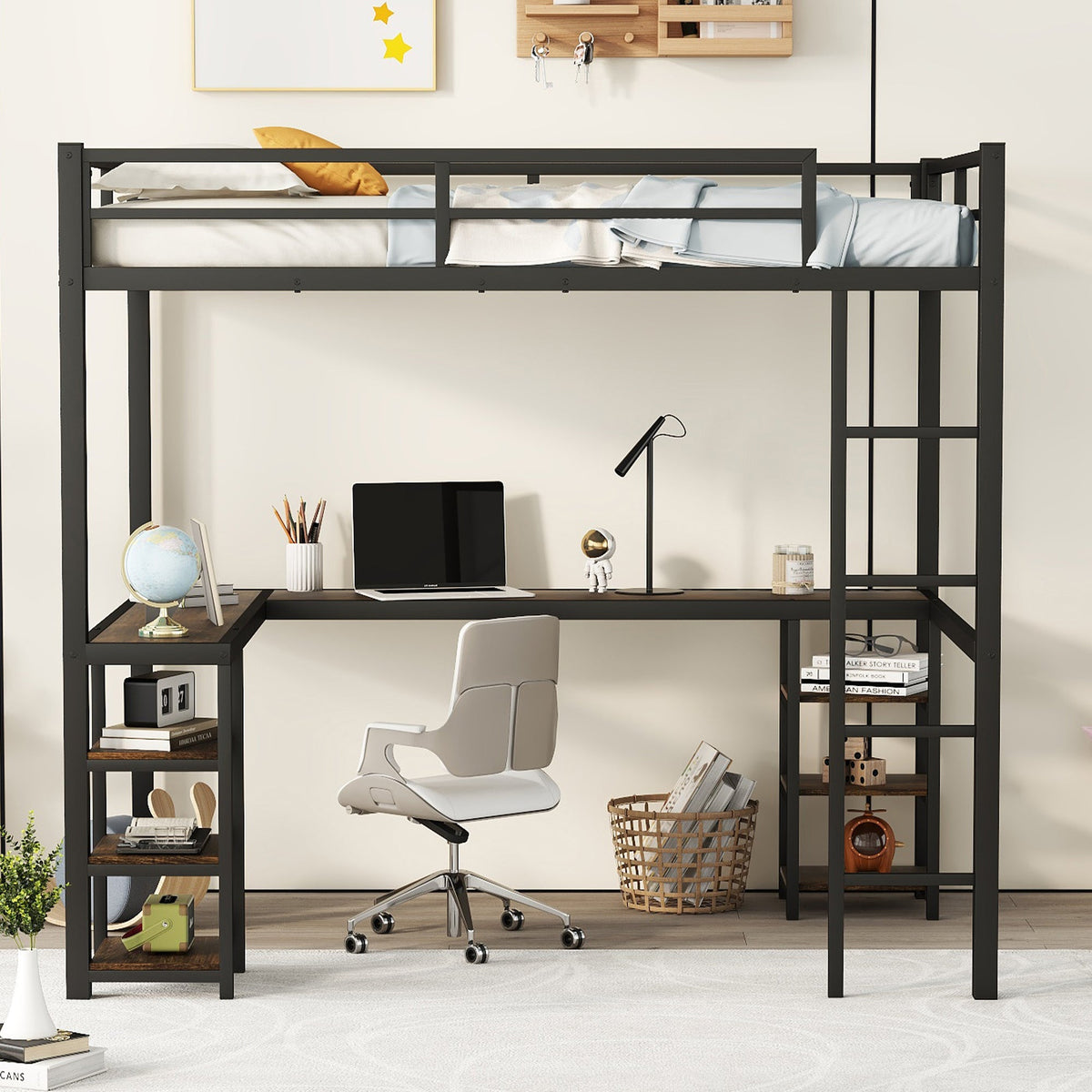 Black Full Size Metal Loft Bed with Desk and Shelf