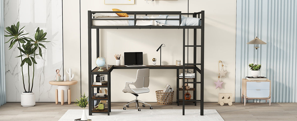Black Full Size Metal Loft Bed with Desk and Shelf