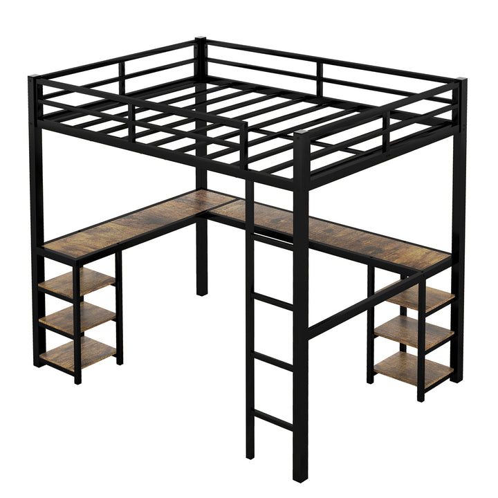 Metal Loft Bed with Desk and Shelves for Small Rooms
