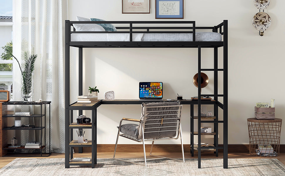 Metal Loft Bed with Desk and Shelves for Small Rooms