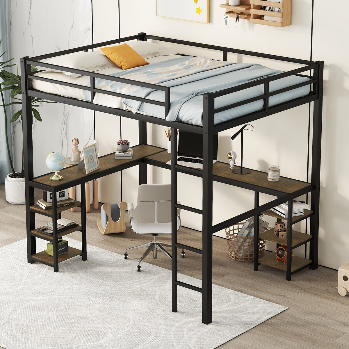 Black Full Size Metal Loft Bed with Desk and Shelf