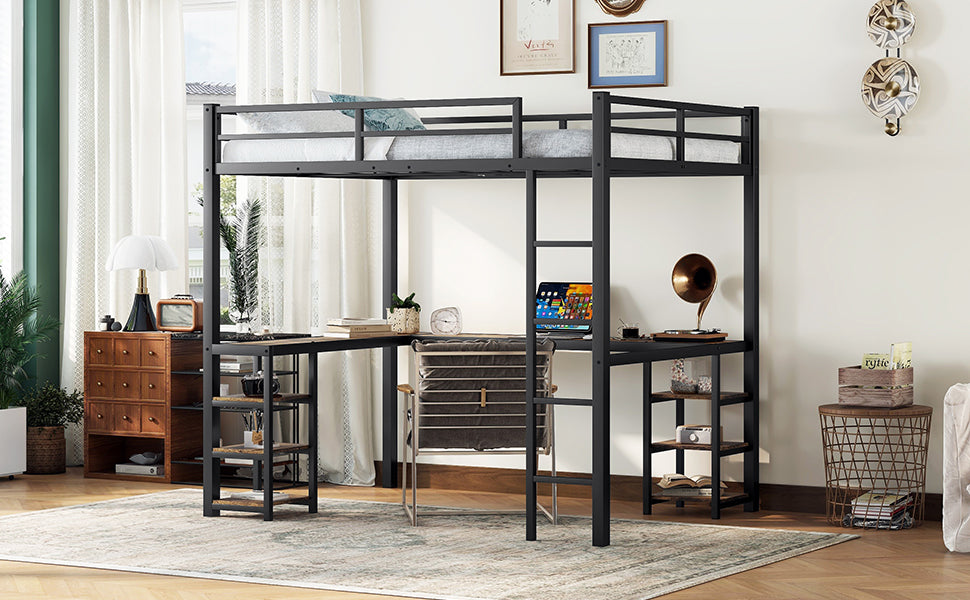Metal Loft Bed with Desk and Shelves for Small Rooms