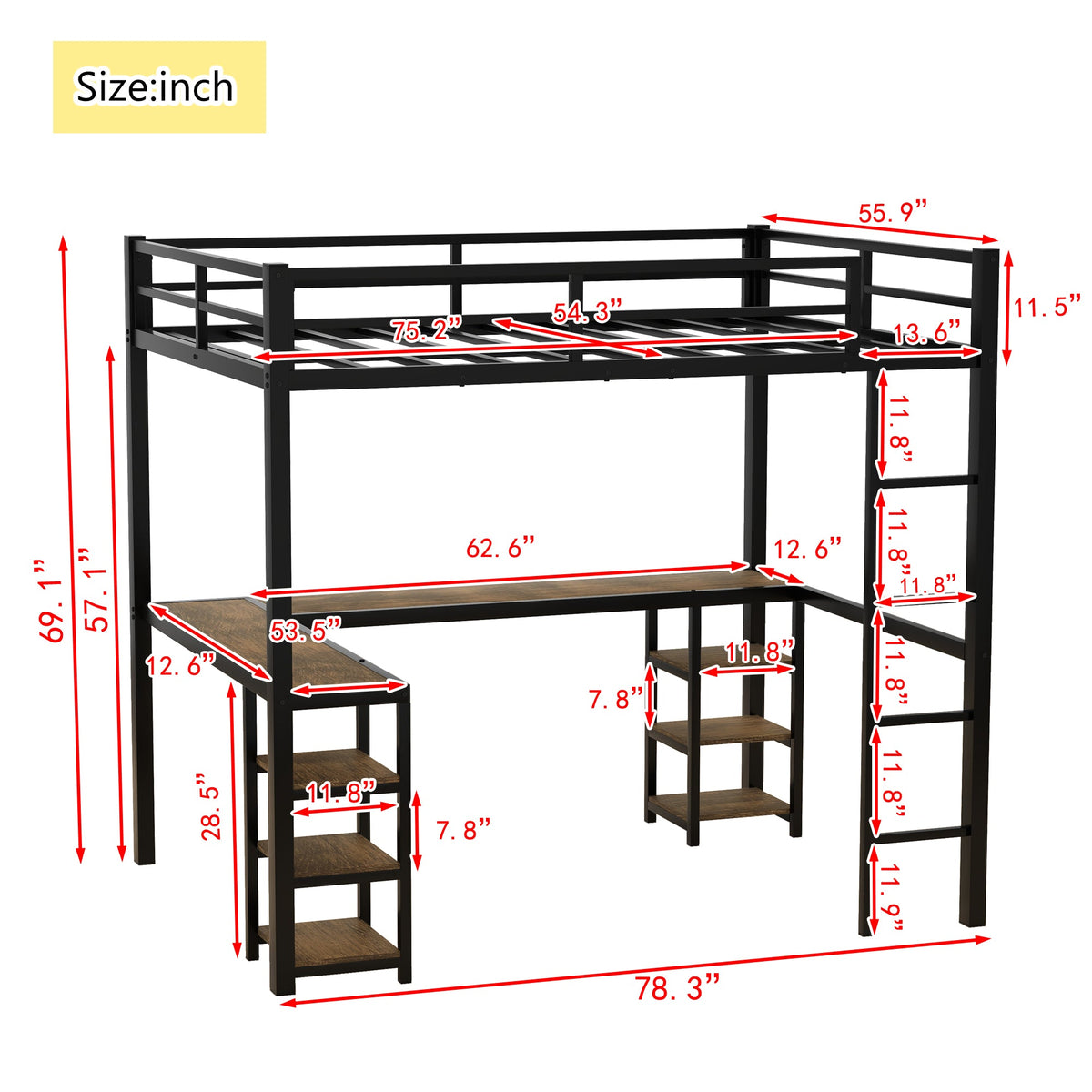 Black Full Size Metal Loft Bed with Desk and Shelf
