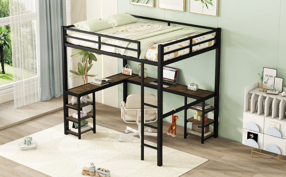 Metal Loft Bed with Desk and Shelves for Small Rooms