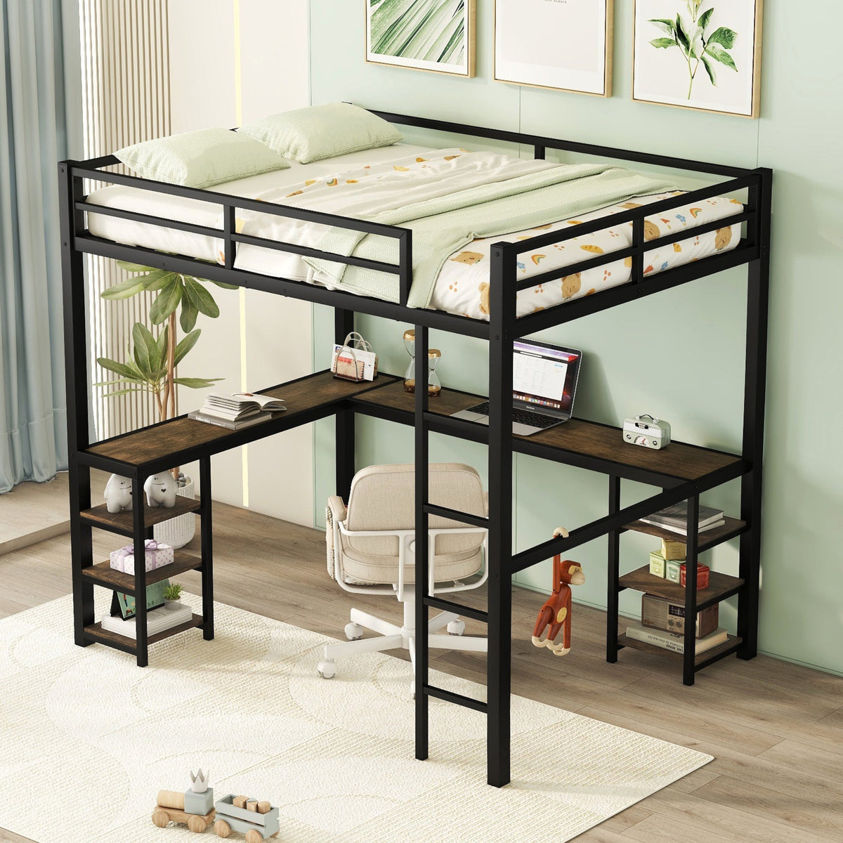 Metal Loft Bed with Desk and Shelves for Small Rooms