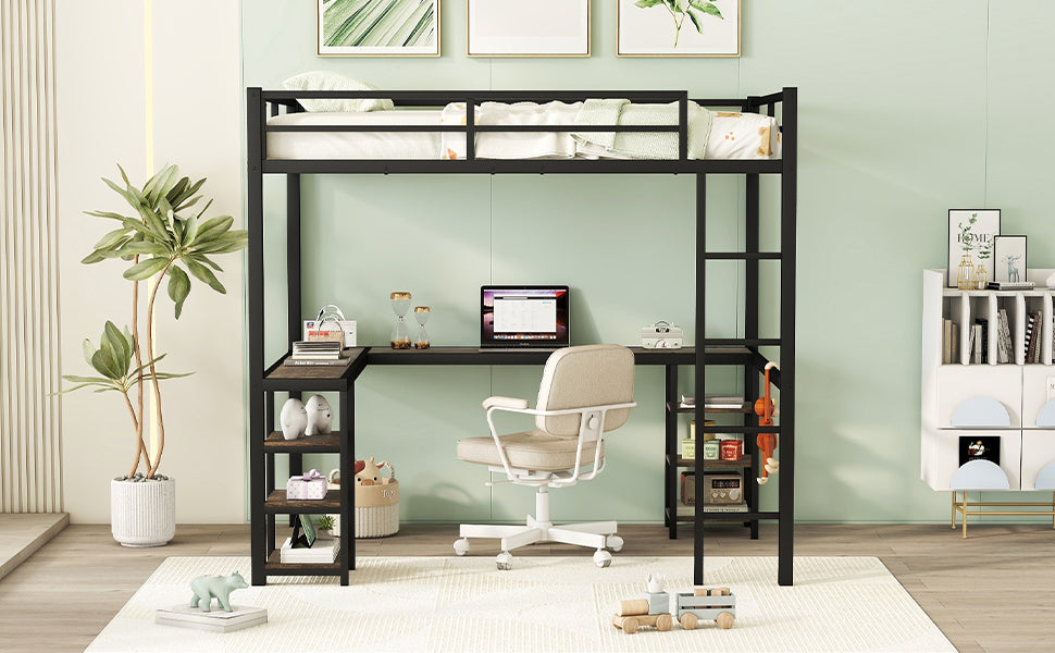 Metal Loft Bed with Desk and Shelves for Small Rooms